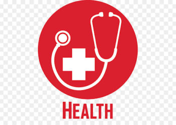 stethoscope with first aid cross in red circle with the word "HEALTH" under it.