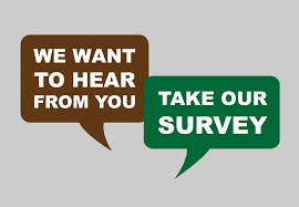 A brown think bubble on the left with the words we want to hear from you in white and a green think bubble on the right with the words take our survey in white lettering