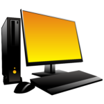 A computer monitor with a yellow and orange screen, a keyboard, mouse and monitor