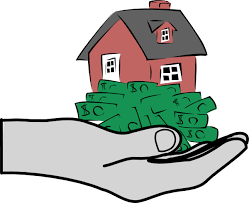 An open hand holding dollar bills and a house