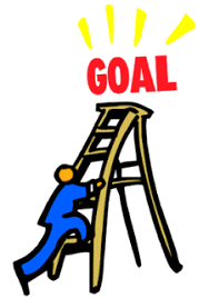 Man in Blue Suit Climbing Ladder to the word GOAL in RED