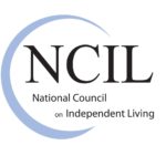 Logo for the National Council on Independent Living, which is the words "NCIL National Council of Independent Living" with a light blue half circle around it