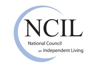 Logo for the National Council on Independent Living, which is the words "NCIL National Council of Independent Living" with a light blue half circle around it
