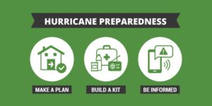 Text reads "Hurricane Preparedness." On far left is drawing of a house with a checkmark, and text "MAKE A PLAN." In the middle is a graphic of a first aid kit and water bottle with text that reads "Build a Kit." On the far right is a graphic of a cell phone with text that reads "BE INFORMED"