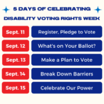 Blue text reads: “5 days of celebrating” with blue sparkles around it. Important dates are listed with the date inside a red block and the theme inside a blue block. September 11 is “Register, Pledge to Vote.” September 12 is “What’s on Your Ballot?” September 13 is “Make a Plan to Vote.” September 14 is “Break Down Barriers.” September 15 is “Celebrate Our Power.”