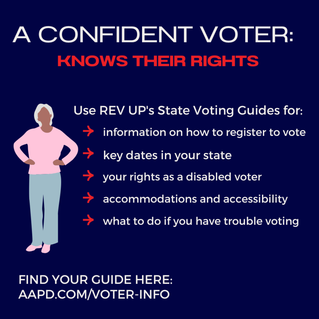 White and red text on a navy background reads: “A confident voter knows their rights. Use REV UP’s state voting guides for information on how to register to vote, key dates in your state, your rights as a disabled voter, accommodations and accessibility, what to do if you have trouble voting. Find your guide here: aapd.com/voter-info.” To the left of the text is an illustration of a woman with white hair and light brown skin standing with her hands on her hips.