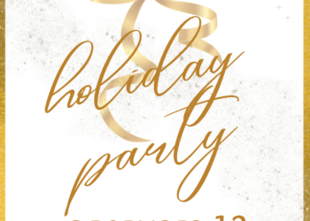 Gold border over white background with faint glitter stripe diagonal across, from top left corner to bottom right. Text reading “Annual ECI Participantt” Script reading “holiday party” on an angle Text reading “December 13, 12noon – 4:00pm, Entry ticket $5, Registration Required" Gold ribbon tied in bow stretched across invite