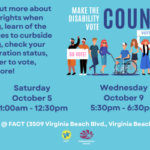 Flyer with light blue background. Top of flyer reads "Make the Disability Vote COUNT!" Below the title is a drawing of multiple people of different races and genders. One person is using a wheelchair, and another person is using a cane. Several of the people are holding posters that read "VOTE" or "GO VOTE." The text then reads "Saturday, October 5 11:00am - 12:30pm; Wednesday, October 9 5:30pm - 6:30pm; @ FACT (3509 Virginia Beach Blvd., Virginia Beach). Find out more about YOUR rights when voting, learn of the changes to curbside voting, check your registration status, register to vote, and more!" The bottom of the flyer shows the FACT logo and the ECI logo.