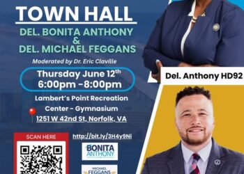 Flyer for town hall. Text reads: Impacts of Federal Workforce Funding & Reductions Town Hall. Del. Bonita Anthony & Del. Michael Feggans. Moderated by Dr. Eric Claville. Thursday, June 12th 6:00pm - 8:00pm, Lambert's Point Recreation center - Gymnasium, 1251 W 42nd Street, Norfolk, VA. Delegate Anthony and Delegate Feggans are pictured on the right of the flyer. Their campaign logos and disclaimers are on the bottom left, along with a QR code and link to register.