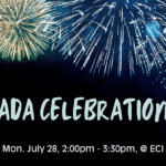 Blue and yellow fireworks appear at the top of the image, across a night sky. Text reads, "Americans with Disabilities Act (ADA) Celebration, Monday, July 28, 2:00pm - 3:30pm, at ECI.