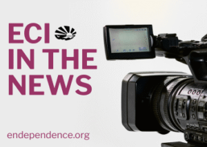 A tv camera is pointed at text that reads "ECI IN THE NEWS" next to the ECI logo. The ECI website is printed at the bottom left.