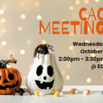 Halloween-themed flyer with two jack-o’-lantern pumpkins, one orange and one white, decorated with black plastic spiders. Candy corn pieces are scattered at the bottom. The background is blurred with warm light. Text reads, "CAC Meeting, Wednesday, October 1, 2:00pm - 3:30pm, ECI.