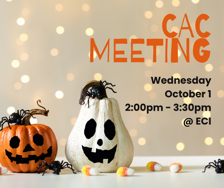 Halloween-themed flyer with two jack-o’-lantern pumpkins, one orange and one white, decorated with black plastic spiders. Candy corn pieces are scattered at the bottom. The background is blurred with warm light. Text reads, "CAC Meeting, Wednesday, October 1, 2:00pm - 3:30pm, ECI.