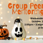 Halloween-themed flyer with two jack-o’-lantern pumpkins, one orange and one white, decorated with black plastic spiders. Candy corn pieces are scattered at the bottom. The background is blurred with warm light. Text reads, "Group Peer Mentoring, Wednesday, October 29, 2:00pm - 3:30pm, ECI.