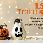 Halloween-themed flyer with two jack-o’-lantern pumpkins, one orange and one white, decorated with black plastic spiders. Candy corn pieces are scattered at the bottom. The background is blurred with warm light. Text reads, "Independent Living Skills Training, Wednesday, October 15, 2:00pm - 3:30pm, ECI.