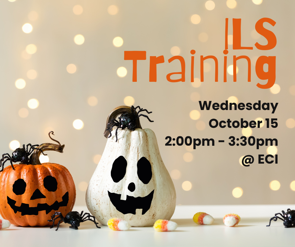 Halloween-themed flyer with two jack-o’-lantern pumpkins, one orange and one white, decorated with black plastic spiders. Candy corn pieces are scattered at the bottom. The background is blurred with warm light. Text reads, "Independent Living Skills Training, Wednesday, October 15, 2:00pm - 3:30pm, ECI.