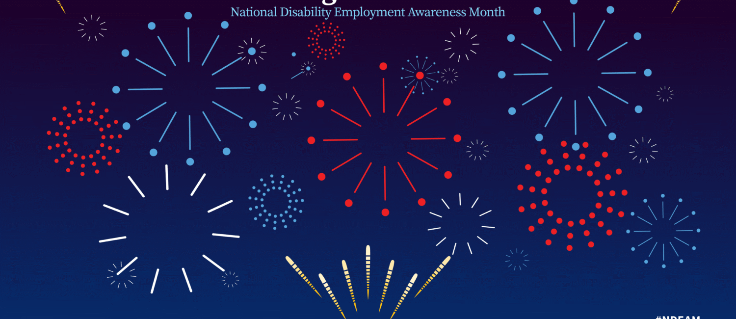 The poster is rectangular in shape with a dark blue background and an array of red, white and blue graphical fireworks of different sizes. Five of these fireworks frame photos of people with different disabilities working in various environments. Below the images, the words “Celebrating Value and Talent, National Disability Employment Awareness Month” appear. Across the bottom are a logo that says, “America 250,” the DOL seal followed by the words “Office of Disability Employment Policy, United States Department of Labor,” and the hashtag #NDEAM on top of the words “80th Anniversary” and the website address dol.gov/odep.