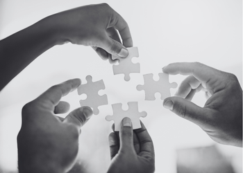 Four hands hold puzzle pieces in a circle shape