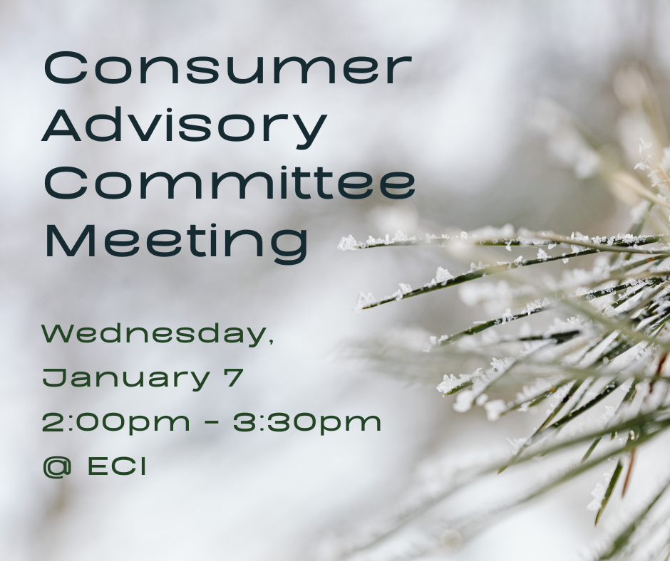 Flyer showing a close-up of pine needles dusted with ice crystals on the right side, blurred snow-gray tones behind them. On the left, text reads Text reads, "The Consumer Advisory Committee, Wednesday, January 7, 2:00pm - 3:30pm, ECI.