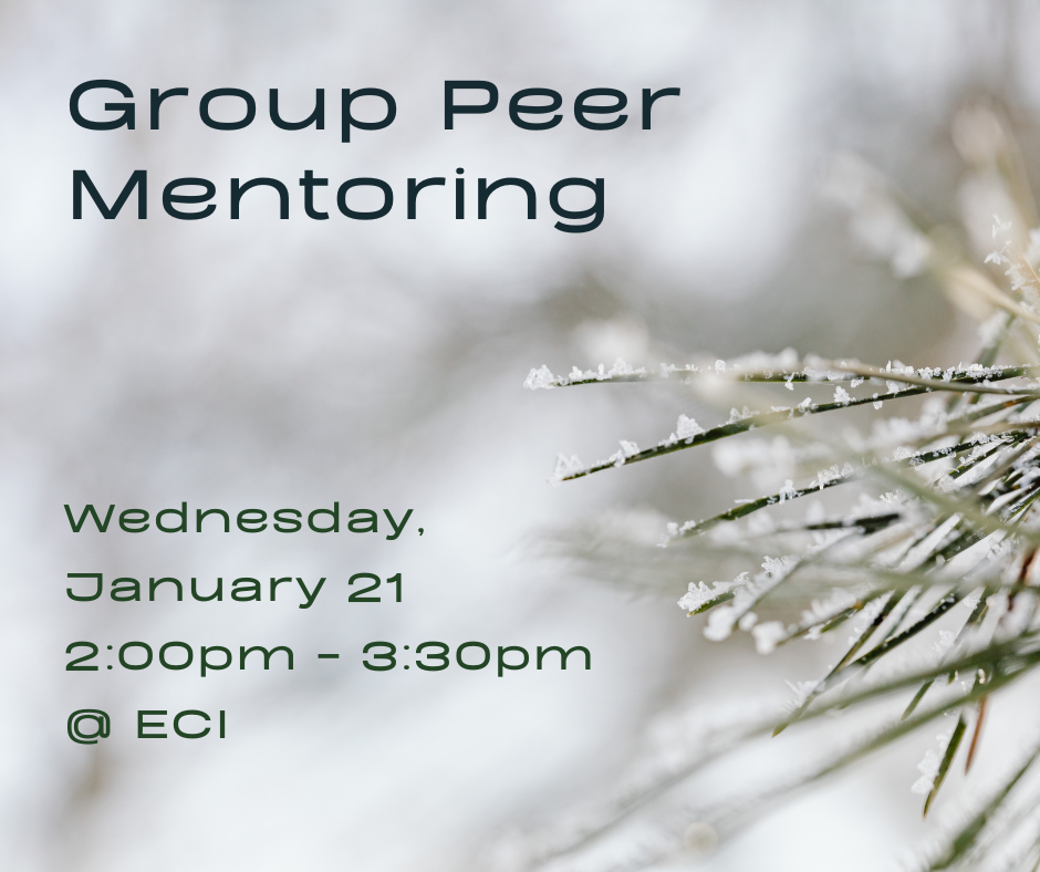 Flyer showing a close-up of pine needles dusted with ice crystals on the right side, blurred snow-gray tones behind them. On the left, text reads Text reads, "Group Peer Mentoring, Wednesday, January 21, 2:00pm - 3:30pm, ECI.