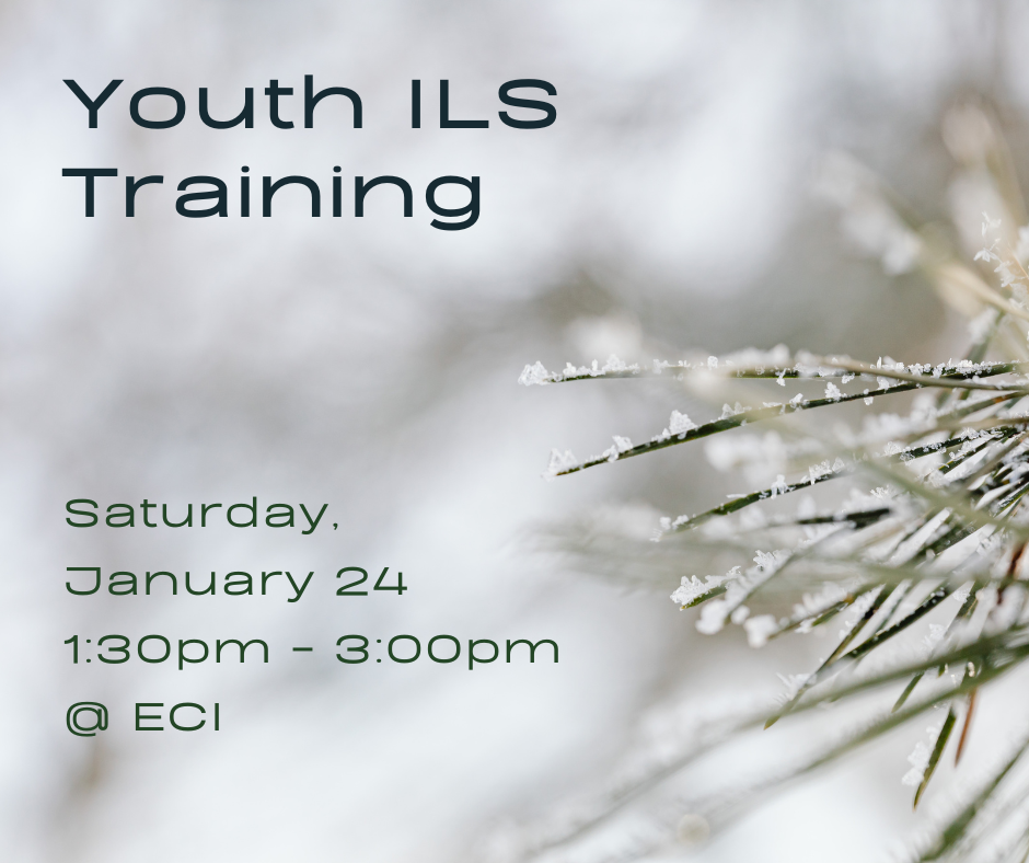 Flyer showing a close-up of pine needles dusted with ice crystals on the right side, blurred snow-gray tones behind them. On the left, text reads Text reads, "Youth Independent Living Skills Training, Saturday, January 24, 1:30pm - 3:00pm, ECI.