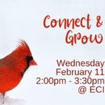 Snow bank with red cardinal perched. Text reads, "Connect & Grow, Wednesday, February 11, 2:00pm - 3:30pm, ECI.
