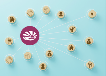 Light teal background with a central circle containing the ECI logo. Thin white lines radiate outward from the center to multiple small beige circular icons, forming a hub-and-spoke network. The icons in the network circles pertain to financial, health, housing, and studying themes.