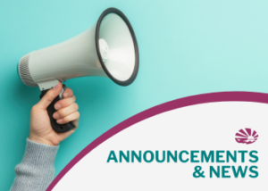 A hand holds a bullhorn on the left of the image. The bottom right has the words Announcements and News
