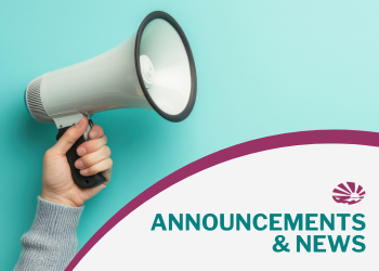 A hand holds a bullhorn on the left of the image. The bottom right has the words Announcements and News