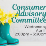 A pair of teal color rain boots sits on the left. Yellow tulips are growing out of the boots. Text reads, "CAC Committee, Wednesday, April 1, 2:00pm - 3:30pm, at ECI."