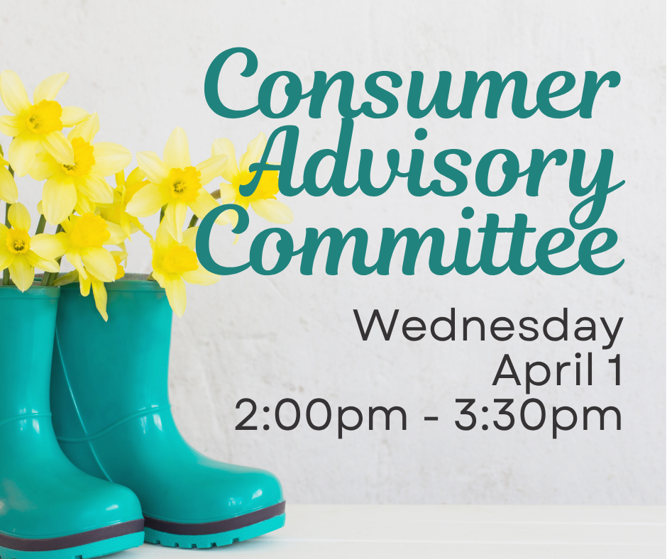 A pair of teal color rain boots sits on the left. Yellow tulips are growing out of the boots. Text reads, "CAC Committee, Wednesday, April 1, 2:00pm - 3:30pm, at ECI."