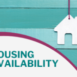 Figurine of a house hanging in front of teal and wooden wall. The words HOUSING AVAILABILITY appear in the bottom left. The ECI logo is above the text.