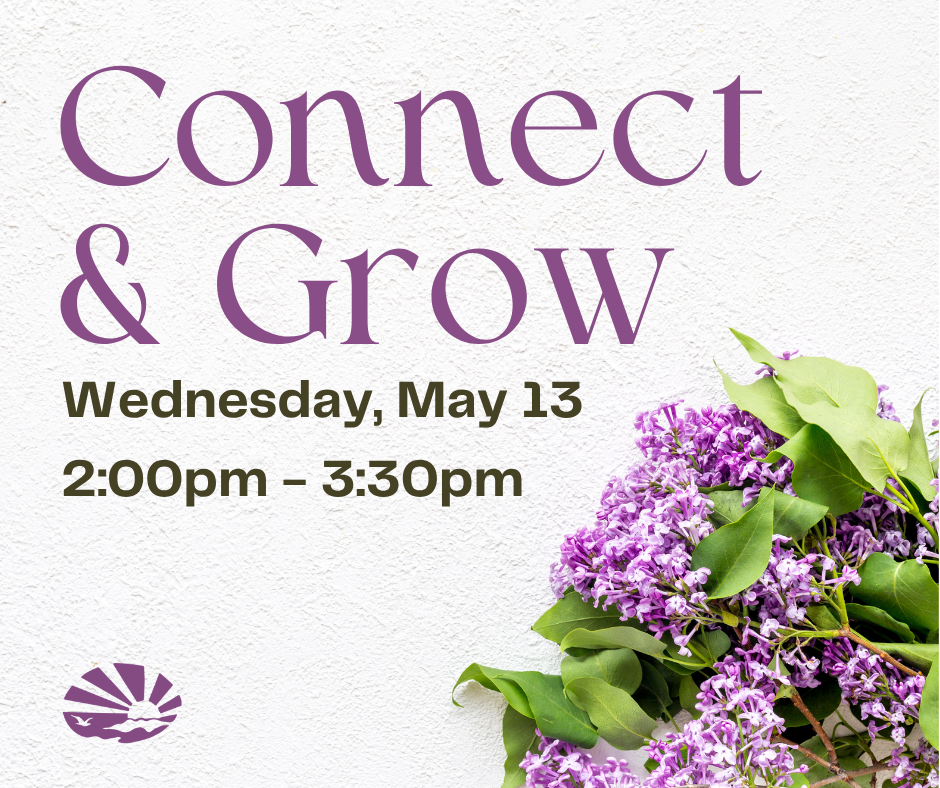 Purple lilac flowers are bunched together in the bottom right corner. The ECI logo is on the bottom left corner. Text reads, "Connect & Grow, Wednesday, May 8, 2:00pm - 3:30pm, at ECI."