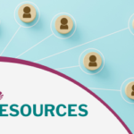 Light teal background with a central circle containing the ECI logo and "Resources". Thin white lines radiate outward from the center to multiple small beige circular icons, forming a hub-and-spoke network. The icons in the network circles pertain to financial, health, housing, and studying themes.