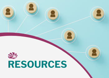 Light teal background with a central circle containing the ECI logo and "Resources". Thin white lines radiate outward from the center to multiple small beige circular icons, forming a hub-and-spoke network. The icons in the network circles pertain to financial, health, housing, and studying themes.