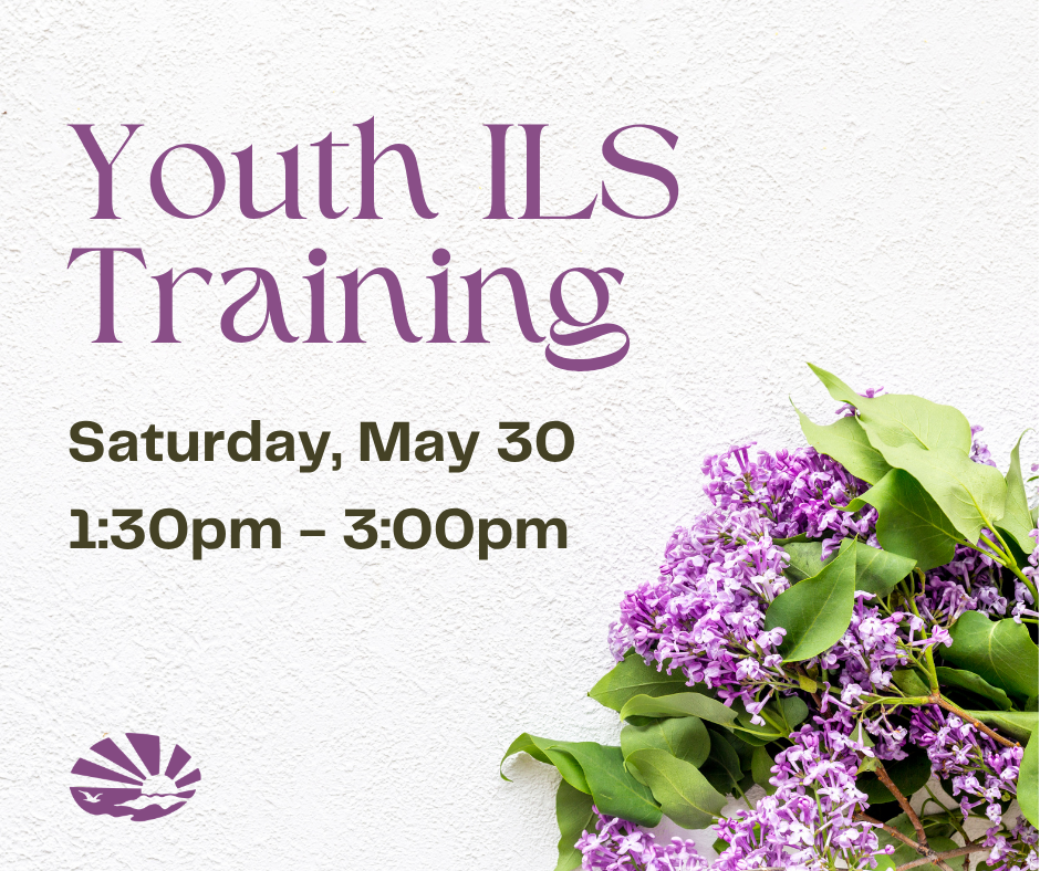 Purple lilac flowers are bunched together in the bottom right corner. The ECI logo is on the bottom left corner. Text reads, "Youth Independent Living Skills Training, Saturday, May 30, 1:30pm - 3:00pm, at ECI."