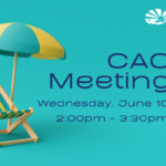 Graphic with a teal background featuring a striped beach chair and two-tone beach umbrella on the left. Text reads, "The Consumer Advisory Committee, Wednesday, June 10, 2:00pm - 3:30pm, at ECI."