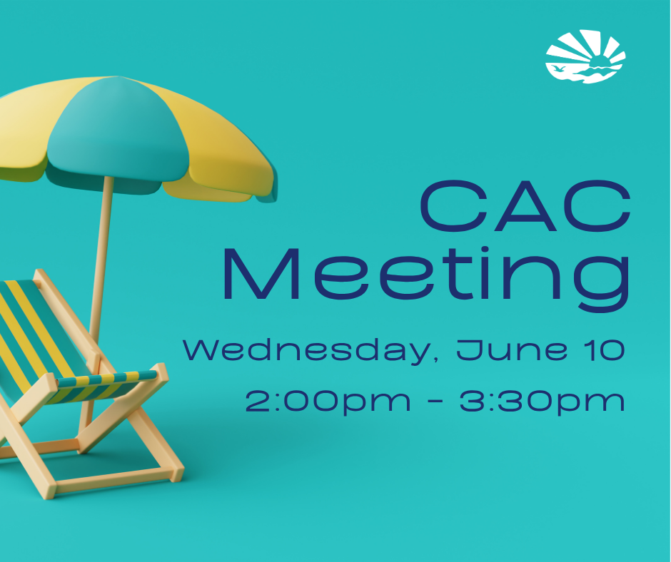 Graphic with a teal background featuring a striped beach chair and two-tone beach umbrella on the left. Text reads, "The Consumer Advisory Committee, Wednesday, June 10, 2:00pm - 3:30pm, at ECI."