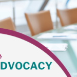 Background of conference room meeting table with chairs and papers. The word advocacy appears in the bottom left corner
