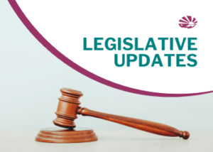 Light teal background; in the foreground is a wooden gavel. The words "LEGISLATIVE UPDATES" and the ECI logo appear in the top right corner.