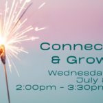 Lit sparkler on the left side, emitting bright white and golden sparks against a soft pink-to-blue gradient background. Text reads, "Connect & Grow, Wednesday, July 8, 2:00pm - 3:30pm, at ECI."