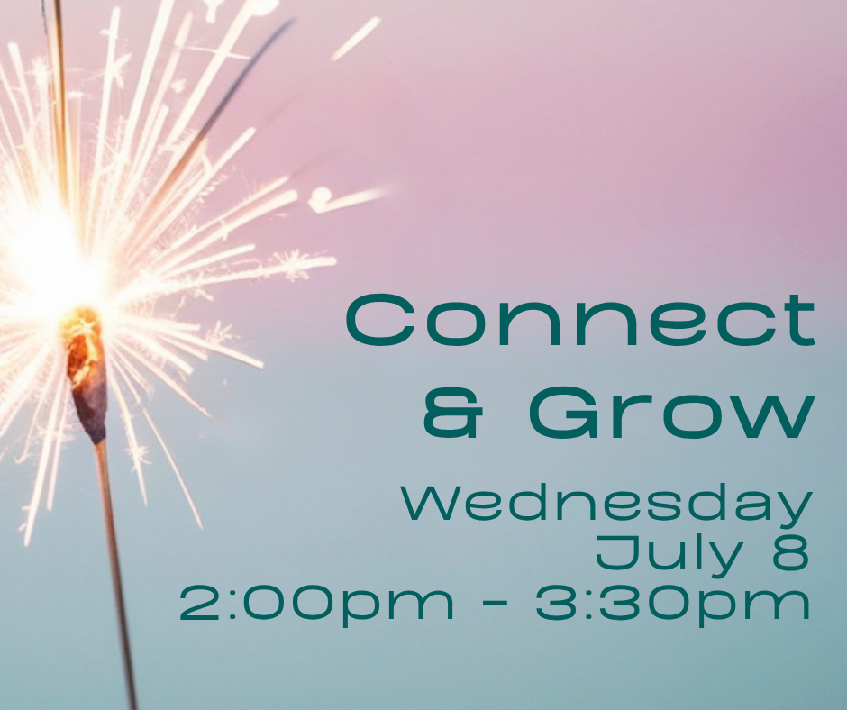 Lit sparkler on the left side, emitting bright white and golden sparks against a soft pink-to-blue gradient background. Text reads, "Connect & Grow, Wednesday, July 8, 2:00pm - 3:30pm, at ECI."