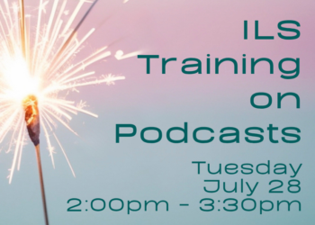 Lit sparkler on the left side, emitting bright white and golden sparks against a soft pink-to-blue gradient background. Text reads, "Independent Living Skills Training on Podcasts, Tuesday, July 28, 2:00pm - 3:30pm, at ECI."