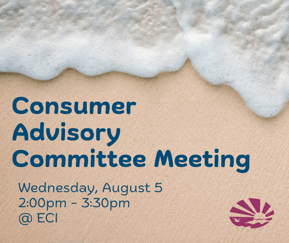 Ocean foam washing onto a sandy beach. The ECI logo appears in the lower-right corner. Text reads, "The Consumer Advisory Committee, Wednesday, August 5, 2:00pm - 3:30pm, at ECI."