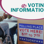 Photo of person using a wheelchair at a check-in table to vote, being handed a ballot. Next to the table is a sign that reads "Polling Place, Vote Here, 6 am to 7 pm, today"