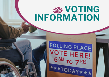 Photo of person using a wheelchair at a check-in table to vote, being handed a ballot. Next to the table is a sign that reads "Polling Place, Vote Here, 6 am to 7 pm, today"