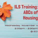 Two autumn leaves in red and orange rest on a blue wooden panel. Text reads, "Independent Living Skills Training, Wednesday, November 4, 2:00pm - 3:30pm, at ECI."